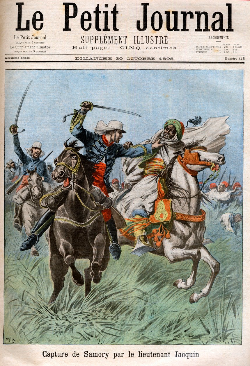 Samory Toure (körülbelül 1830-1900), szudáni vezető és az afrikai francia gyarmatosítás ellenfele elfogása Gouraud kapitány és Jacquin hadnagy által. Szudán alkotó: French School