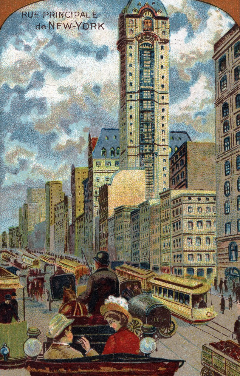 Autóforgalom a Broadway-n, New York Main Street (New York) (Forgalmi dugó a Broadway Avenue-n, Manhattan) 19. századi kromolitográfiás magángyűjtemény alkotó: French School