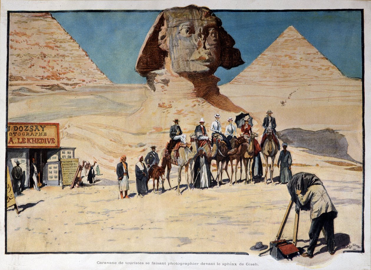 Turisták karavánja fényképeződött a gizei szfinx előtt (Guiseh, Giza, Giza) alkotó: French School