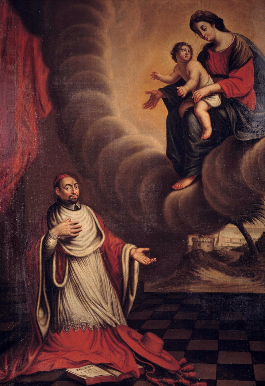 Berulle bíboros (1575-1629) letérdel a francia iskola szűz festménye előtt. 17. századi magángyűjtemény alkotó: French School