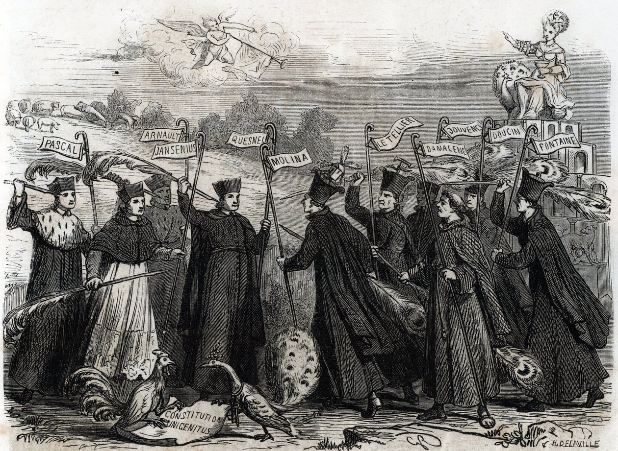 Kelemen pápa által 1713-ban kihirdetett apostoli konstitúció Unigenitusról, a pápai bulla formájában, megnyitotta a janzenista vita végső szakaszát Franciaországban 1713-ban (metszet) alkotó: French School