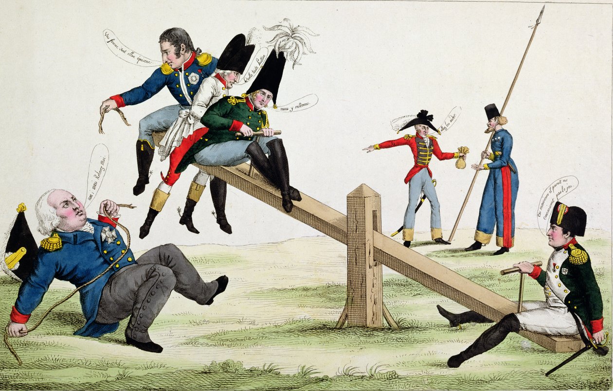 XVIII. Lajost (1755-1824), Napóleont (1769-1821) és a szövetségeseket ábrázoló karikatúra az 1815-ös Cent-Jours idején alkotó: French School