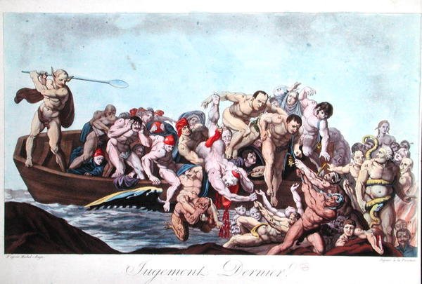 Napóleont (1769-1821) ábrázoló karikatúra az utolsó ítéletkor, 1815 körül (színes litó) alkotó: French School