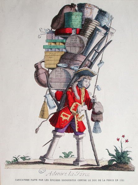 Henri Jacques Nompar de Caumont (1675-1726), 5. Duc de la Force karikatúrája, amelyet az "Epiciers Droguistes" (vegyesboltosok és élelmiszerboltosok) készítettek. alkotó: French School