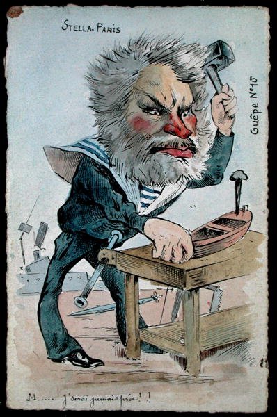 Camille Pelletan (1846-1915) haditengerészeti miniszter karikatúrája a „Guepe” sorozatból, 1902 körül megjelent (kézzel színezett metszet) alkotó: French School