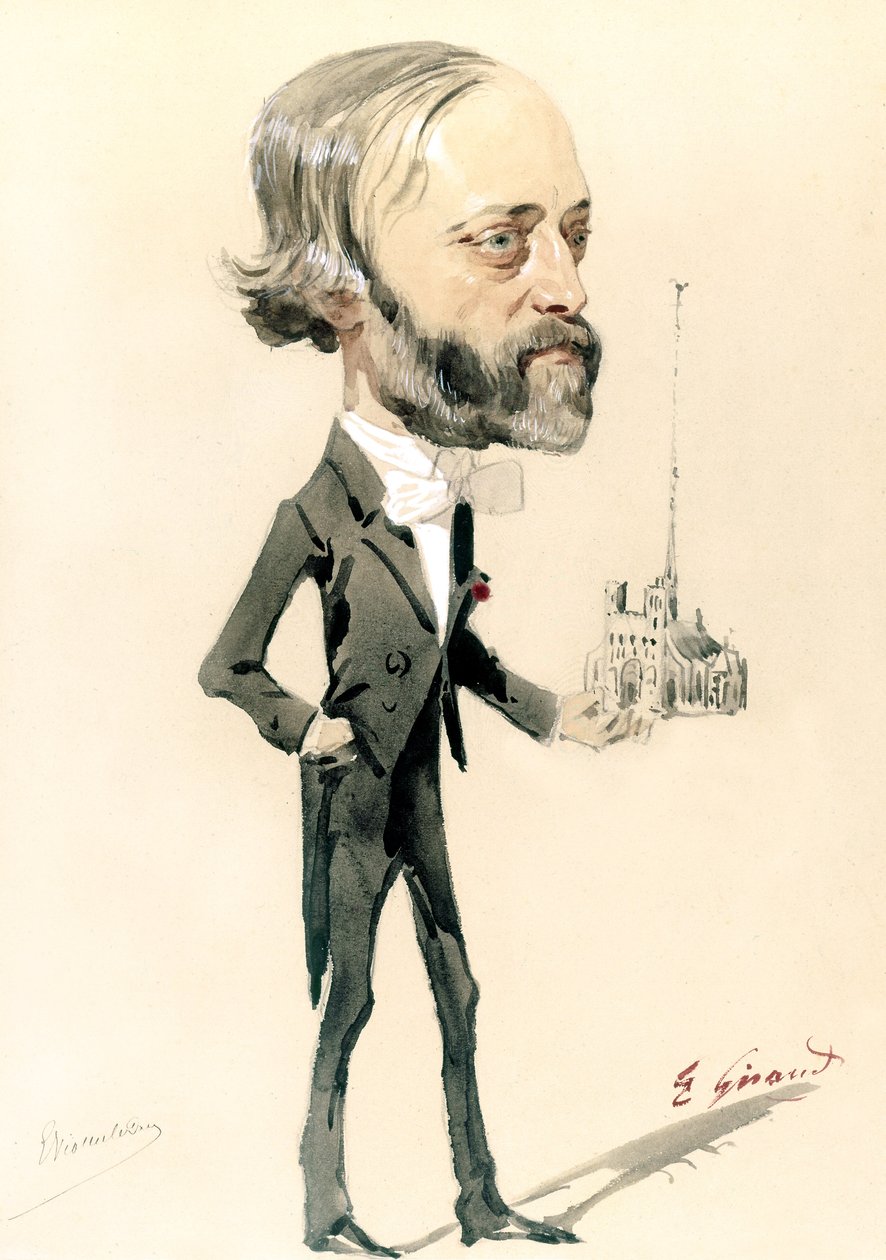 Az építész, Eugène Emmanuel Viollet-le-Duc karikatúrája (színes litó) alkotó: French School