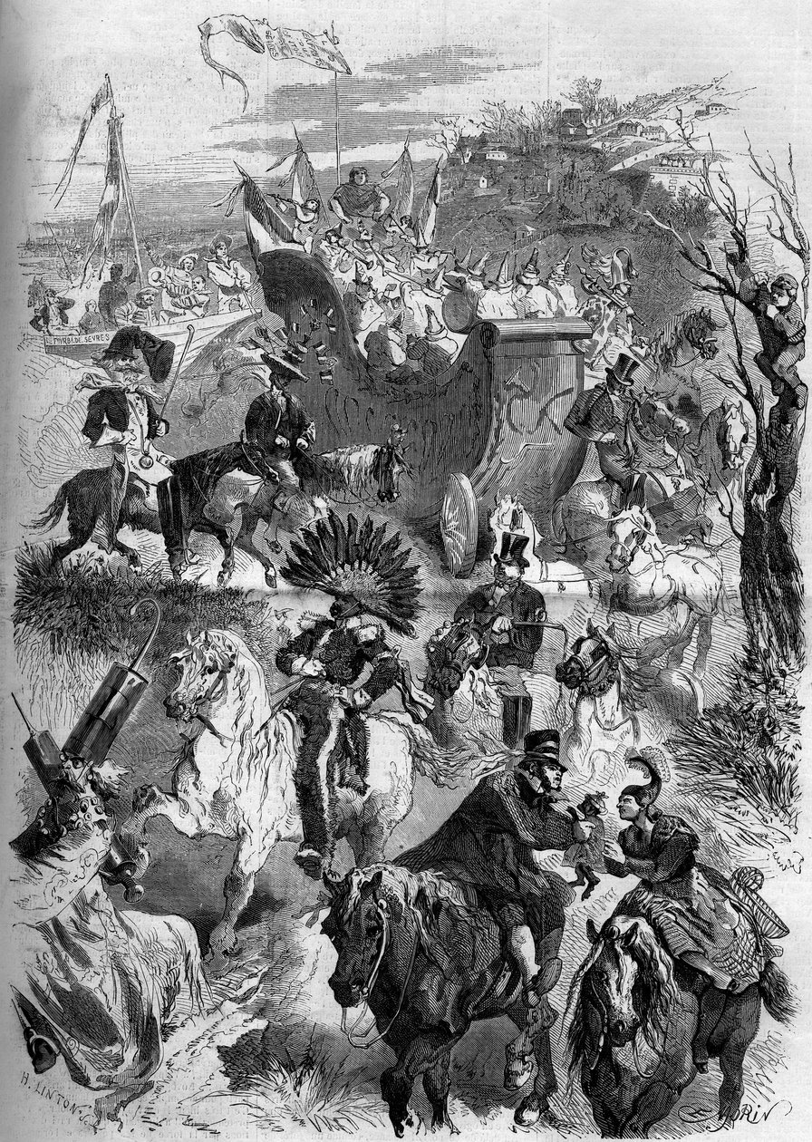 Mardi Gras karnevál, Franciaország, 1859. március 8.: Sevres-i maskarájának leszállása Párizsba. Metszet a „” Le Monde Illustré”” 100. számában, 1859. március 19. alkotó: French School