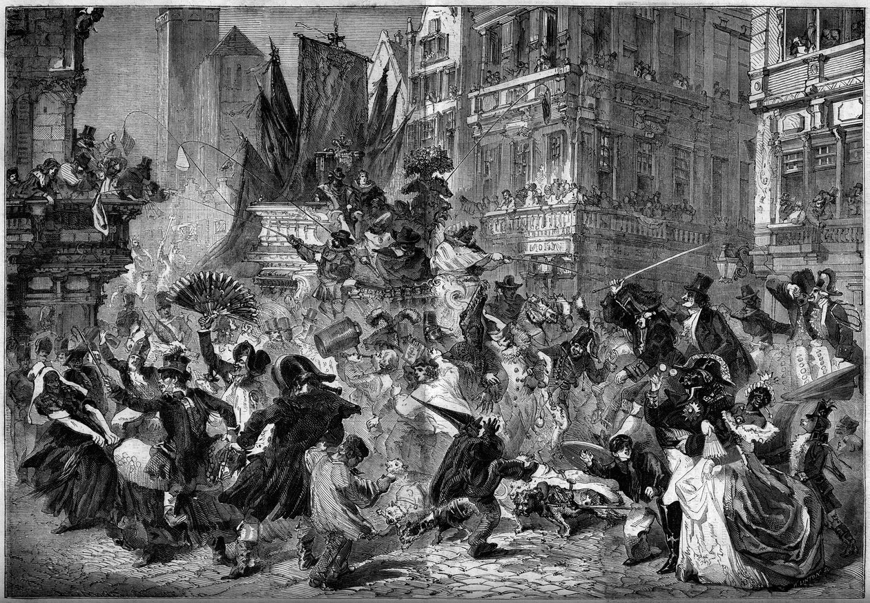 Karneváli jelenet Antwerpen (Belgium) utcáin 1860-ban. Metszet a „” Le Monde Illustré”” 151. számában, 1860. március 3.. alkotó: French School