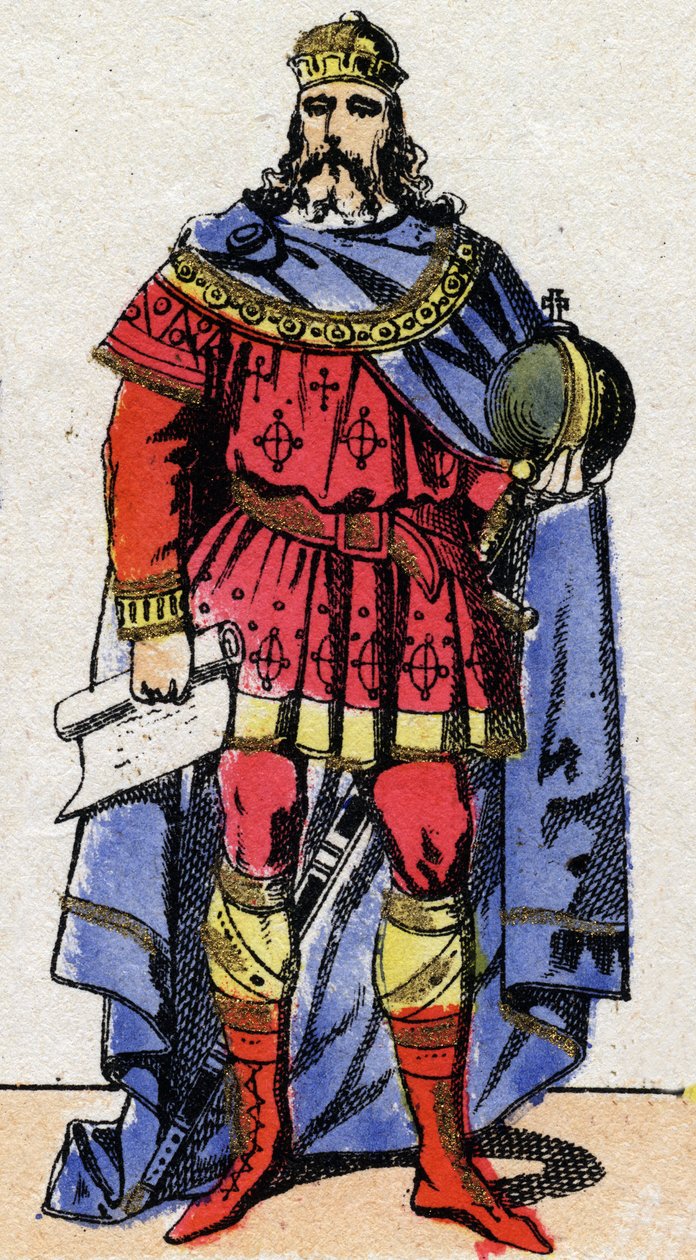 Karoling-dinasztia: Károly portréja, aki a Nagy Károly vagy Nagy Károly (Carolus Magnus, 742-814) császárként ismert 800-tól 814-ig. Epinális képalkotás a 19. század végéről. Magángyűjtemény. alkotó: French School