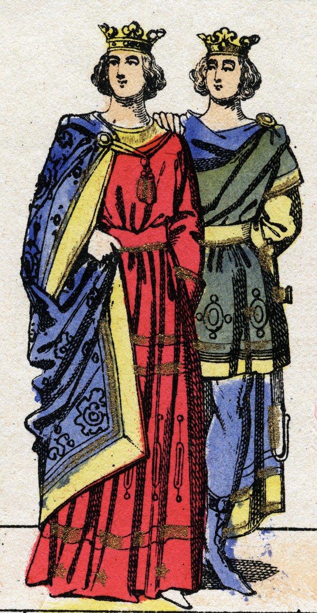 Karoling-dinasztia: III. Lajos (863-882), a frankok királya 879-től 882-ig és II. Károly (867-884), a frank király 879-től 884-ig portréi. Epinális képalkotás a 19. század végéről század. Magángyűjtemény. alkotó: French School