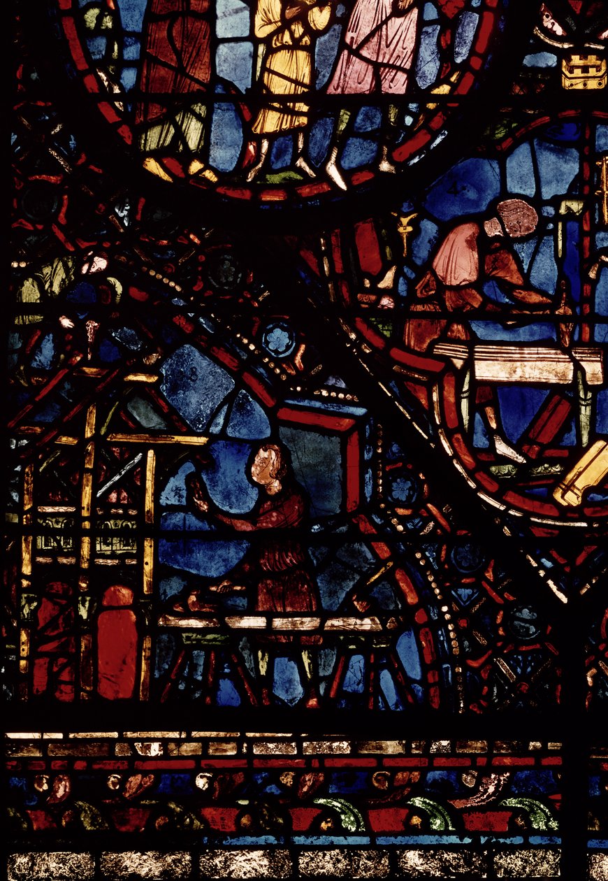 Asztalosok dolgoznak, részlet a St. Julian the Hospitaller élete ablakából az északi ambulánsban alkotó: French School