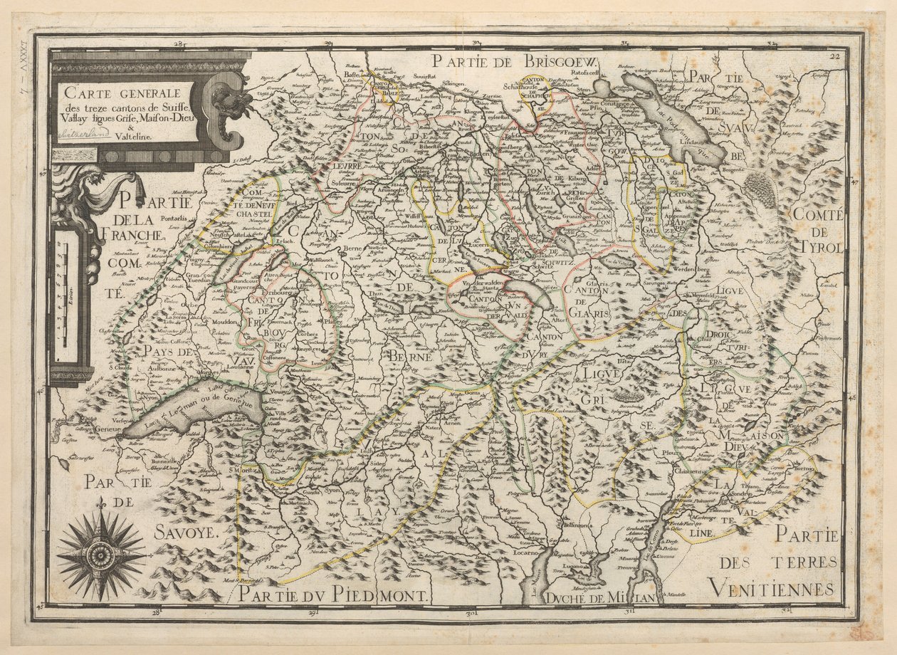 Svájc tizenhárom kantonjának általános térképe, Vallay, Ligues, Grise, Maison-Dieu és Valteline alkotó: French School