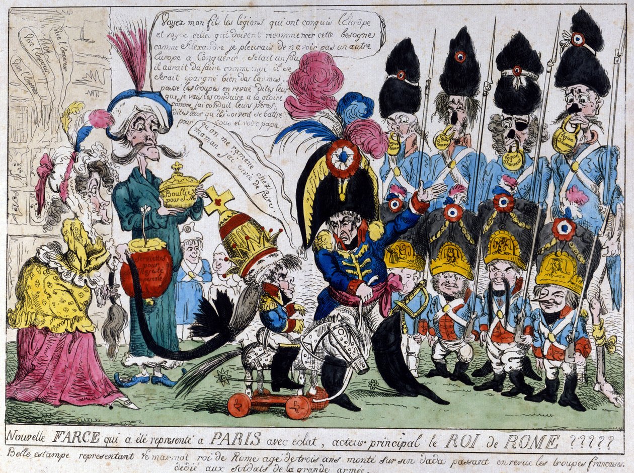 Karikatúra I. Napóleonról (1769 - 1821) és fiáról, Róma királyáról (1811 - 1832): ez utóbbi hintalován a francia hadsereg csapatait tekinti át édesapjával. 19. századi francia nyomtatvány. alkotó: French School