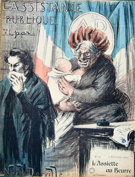Az Assistance Publique-ot bíráló karikatúra, karikatúra a "L