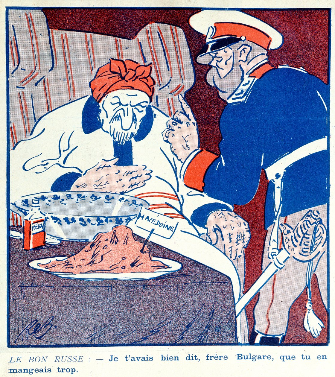 Karikatúra, amely kritizálja Bulgária kapzsi magatartását Macedónia felosztása kapcsán az 1912–1913-as balkáni háborúk során alkotó: French School