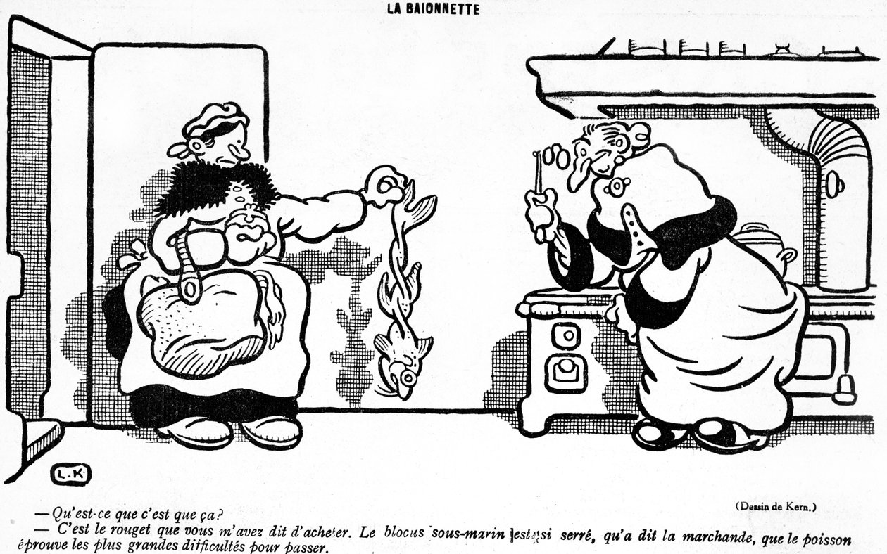 Rajzfilm, amely a tengeralattjáró blokád katasztrofális hatását ábrázolja egy francia piacon vásárolt halra, a La Baionette magazin április 1-i (Poisson dAvril) kiadásából, 1917. március 29. alkotó: French School