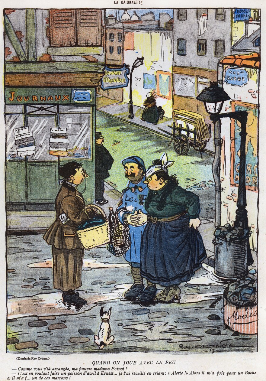 A La Baionette magazin április 1-i (Poisson dAvril) kiadásának 1917. március 29-i rajzfilmje, amely egy feleség trükközésének eredményét ábrázolja a férjével. alkotó: French School