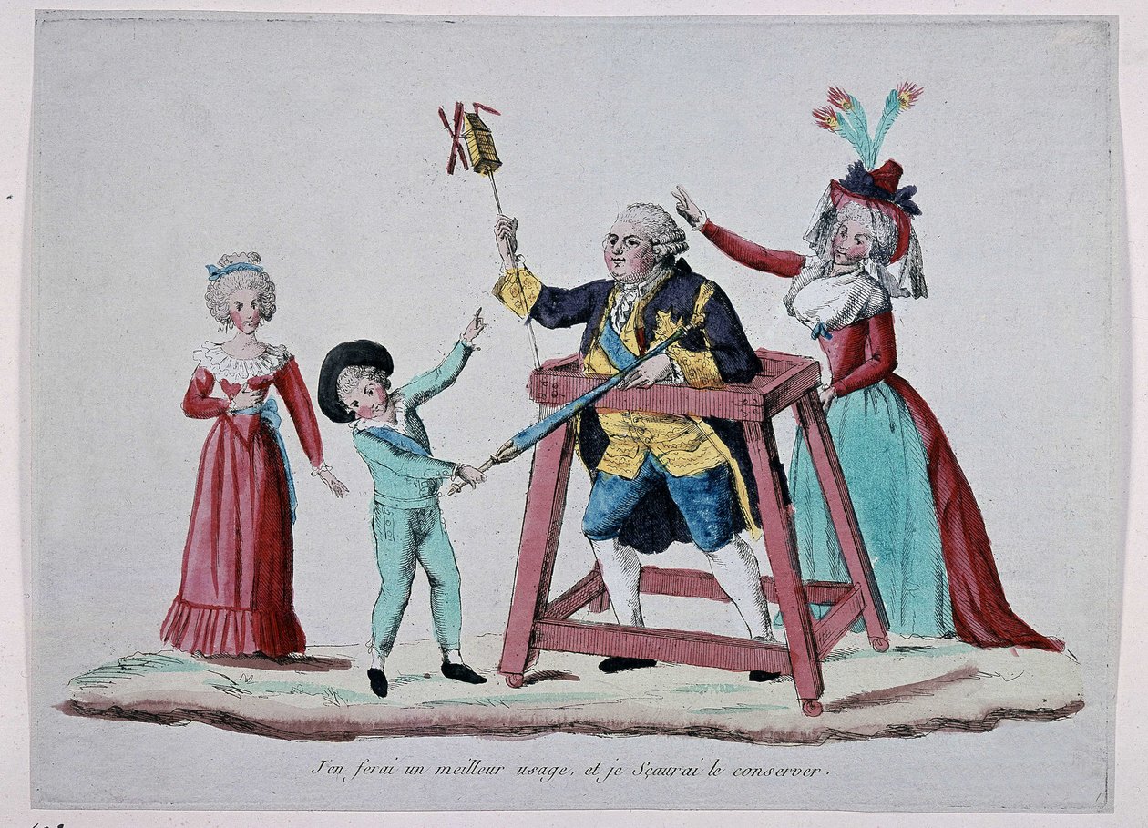 Rajzfilm a királyi családról (XVI. Lajos és Marie Antoinette gyermekeikkel) a francia forradalom idején, 1790 körül - Musee Carnavalet alkotó: French School