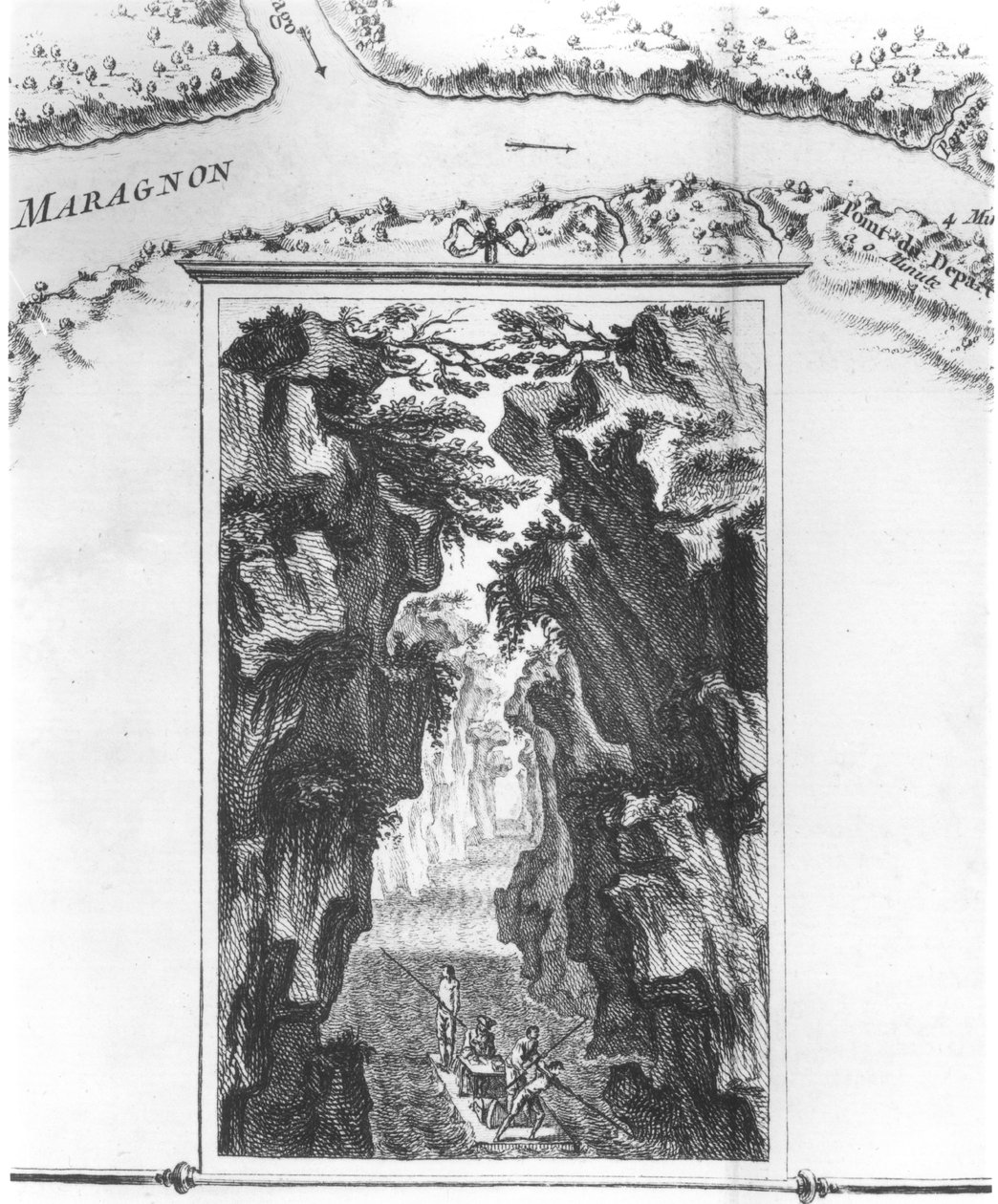 La Condamine-t egy tutajon ábrázoló patron az Amazonason, a Carte du strait nevű térképen, a Pongo de Manseriche dans le Maragnon ou la riviere des Amazones, illusztráció a Histoire de l