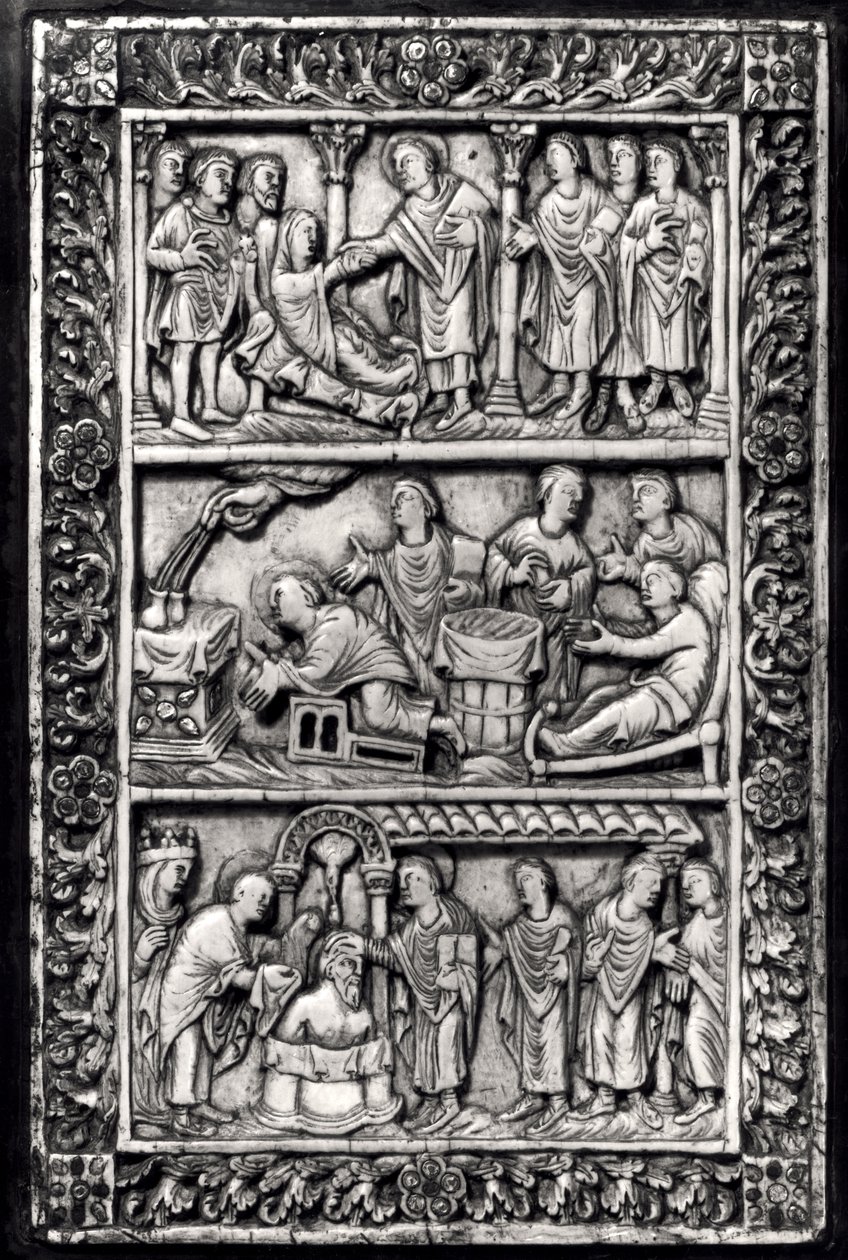 Faragott emléktábla egy könyvborítóhoz, amely Szent Remigius (kb. 437-533) életéből és I. Klodvig (465-511) megkeresztelkedéséből jeleneteket ábrázol alkotó: French School