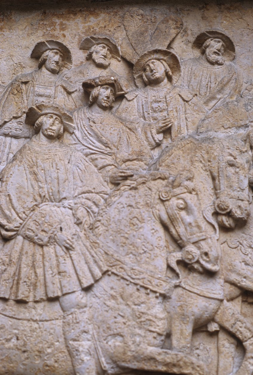 Faragott kő dombormű a belső udvarban Aranyszövetmezőt ábrázolva, a Hotel de Bourgtheroulde-ból, Rouen, Normandia, 1501-37 alkotó: French School