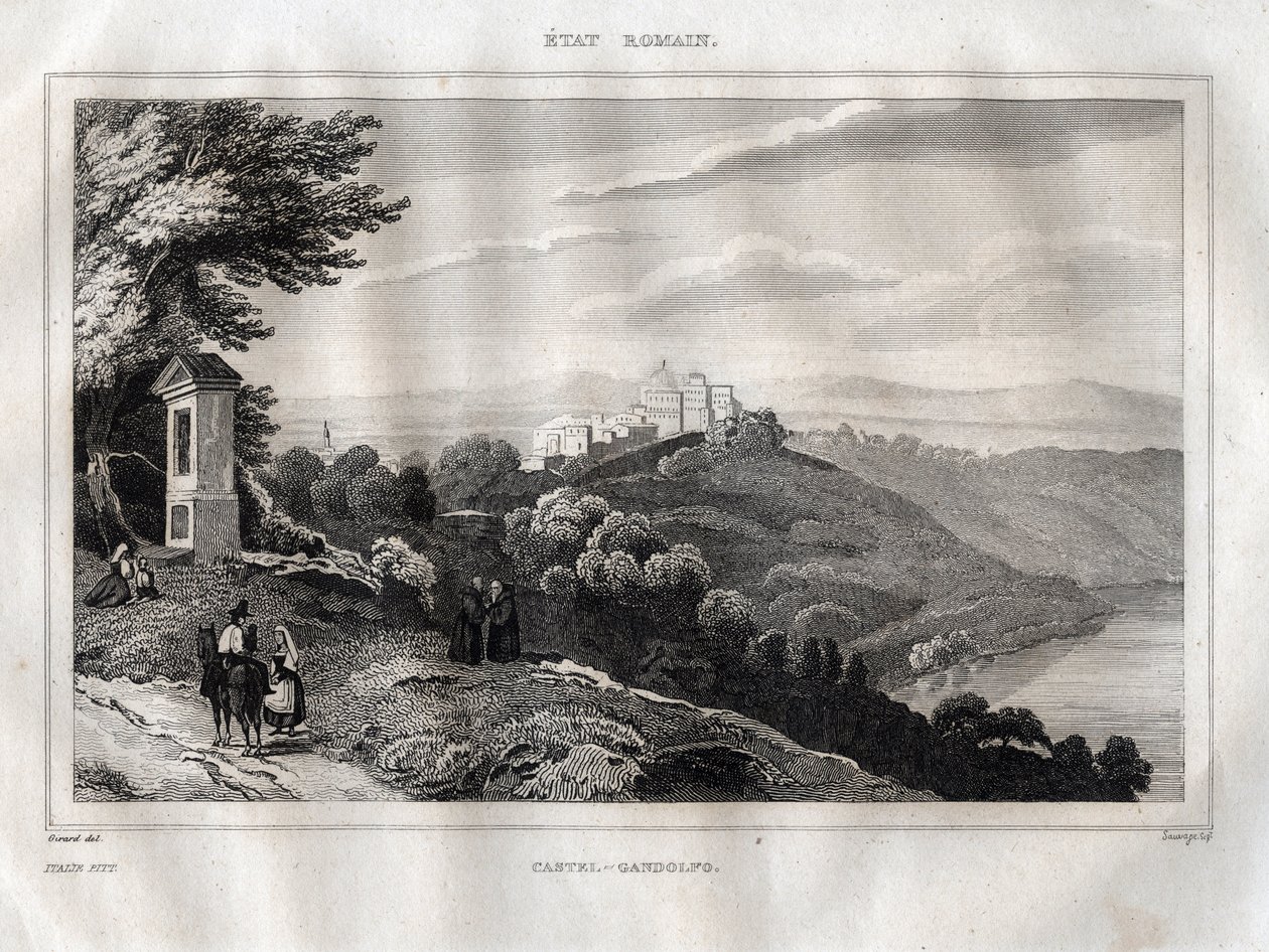 Castel Gandolfo - Metszet a „festői Olaszországból”, M. de Norvins, Ch. Nodier 1834-1836. alkotó: French School