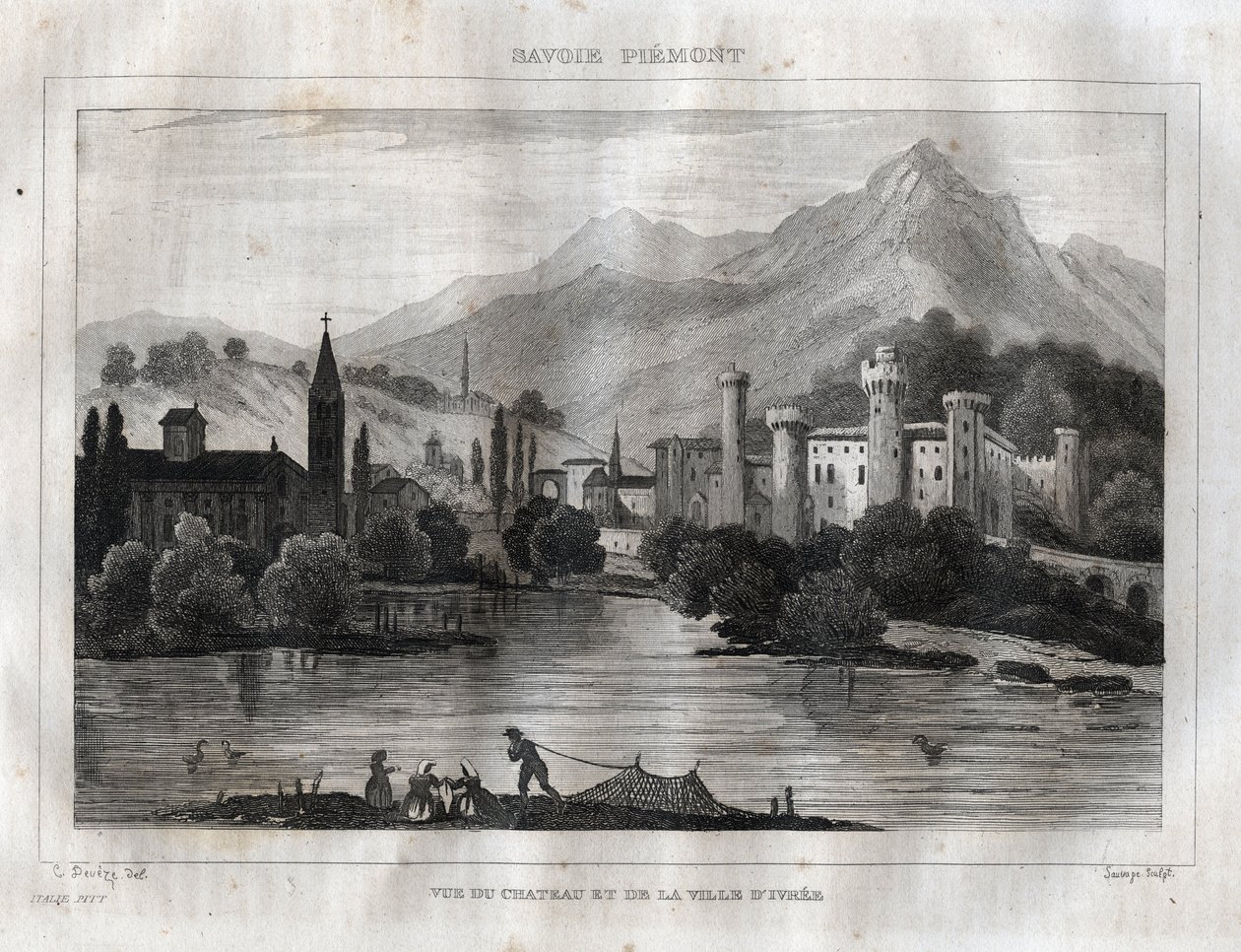 Ivrea vára - Castello di Ivrea - Metszet a „festői Olaszországból”, M. de Norvins, Ch. Nodier 1834-1836. alkotó: French School