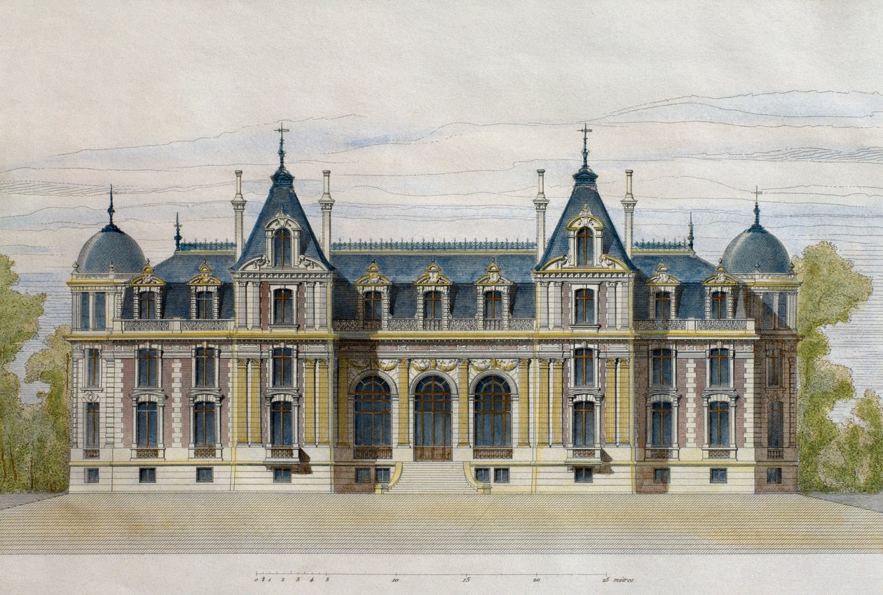A Pate Brothershez tartozó Neuflize-kastély, kerti homlokzat, illusztráció a Le Moniteur des architectes-ből, 1884, metszett F. Penel (színes metszet) alkotó: French School