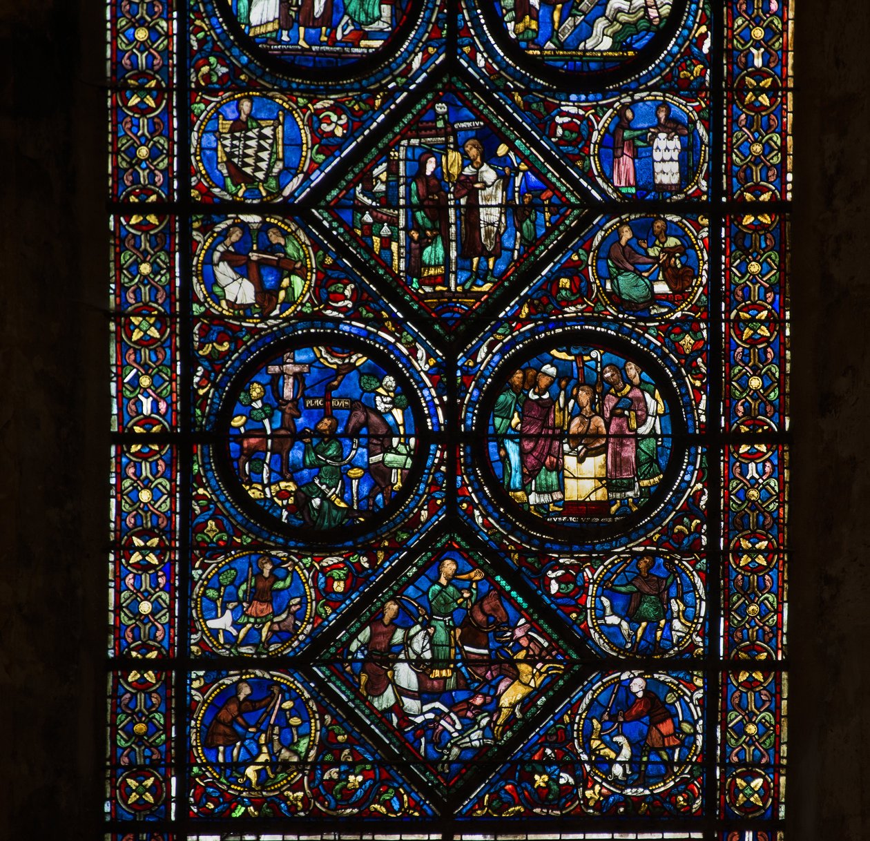 Chartres-i katedrális, ólomüveg: Szent Eustache élete, alacsony részletgazdagság alkotó: French School