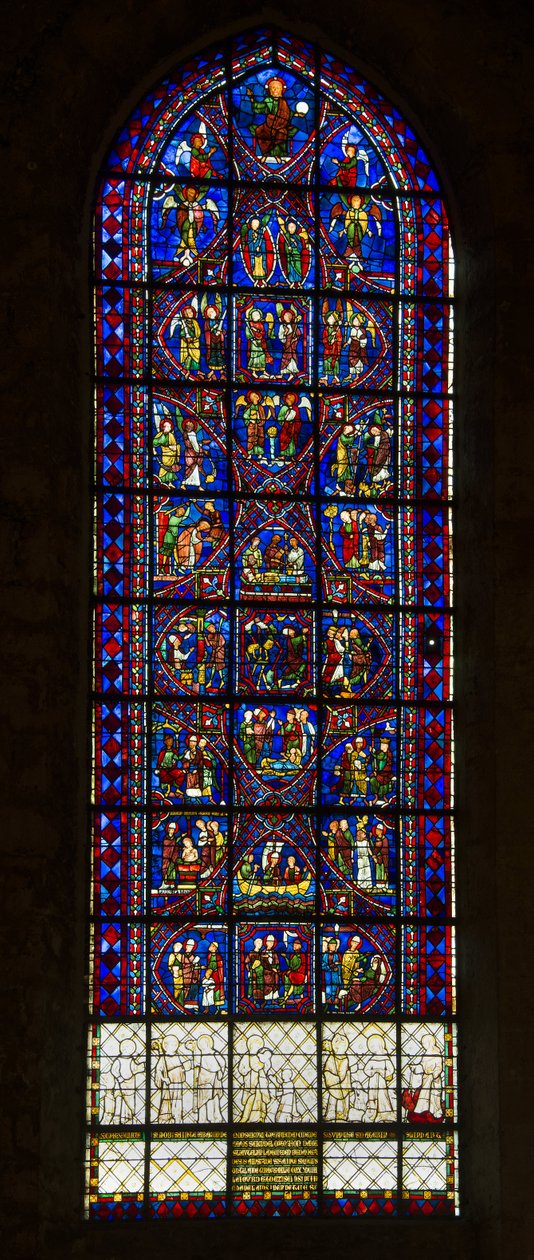 Chartres-i katedrális, ólomüveg: apollináris szent élete és angyalok kórusa alkotó: French School