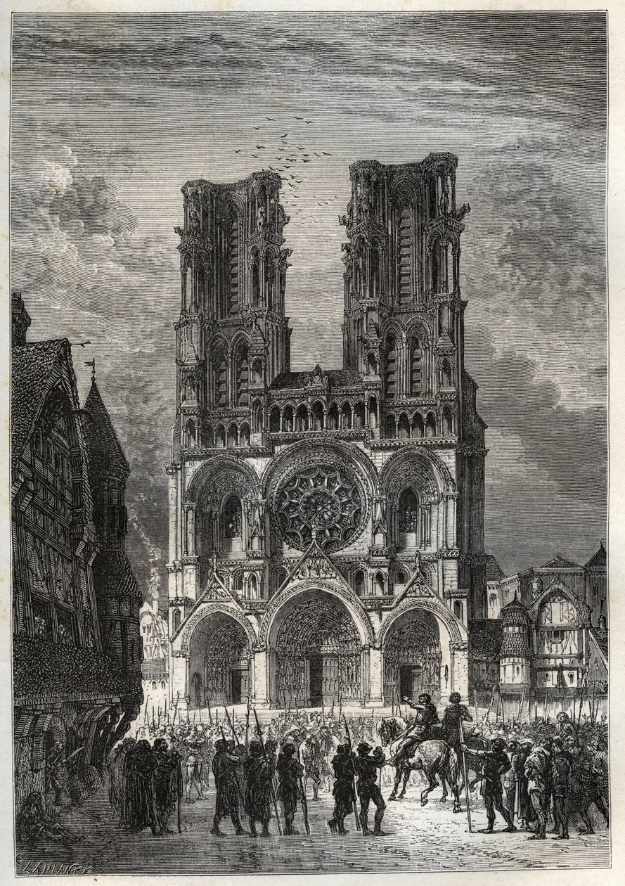 Cathedrale Notre-Dame (Notre Dame) de Laon (1150-1180), Aisne - Laoni székesegyház - metszet a "" Franciaország története az unokáimnak mesélt" című könyvből" - Francois Guizot - 1872-1876 alkotó: French School
