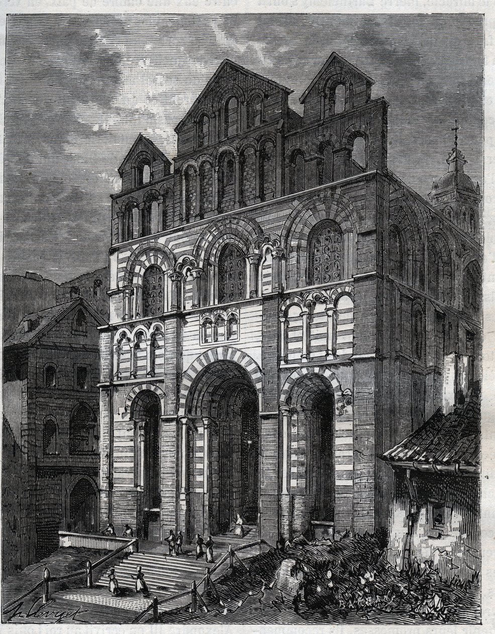 Puy en Velay Miasszonyunk Angyali üdvözletének székesegyháza (Puy-en-Velay) - „La France illustrée: földrajz, történelem, statisztikai igazgatás” metszete, V.-A. Malátabarna. 1884 alkotó: French School