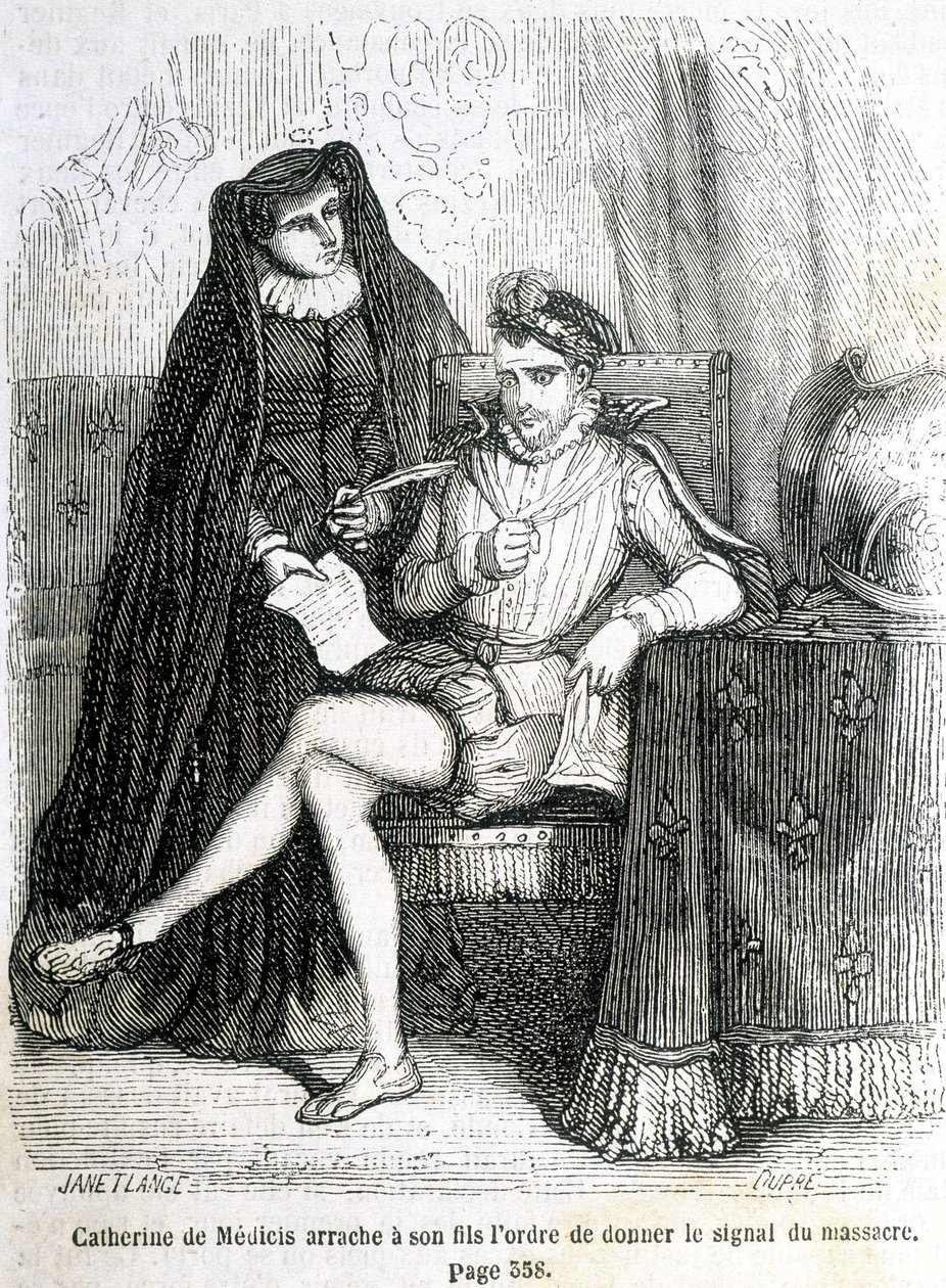 Medici Katalin (Caterina de Medici) elszakítja fiától (IX. Károly) a parancsot, hogy adjon jelet Saint Barthelemy 1572-es lemészárlására – L.-P. „Histoire de France” című művében. Anquetil alkotó: French School