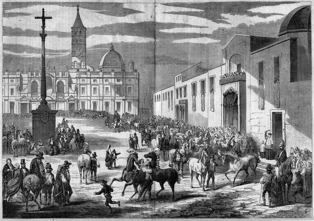 Katolikus ünnep - Szent Antal: lovak megáldása a Szent Mária Maggiore-templom (Santa Maria Maggiore) terén, Róma, Olaszország, 1859. január. A templom előtt gránitoszlop, tetején kereszttel (1595) állít emléket Henry megtérése alkotó: French School