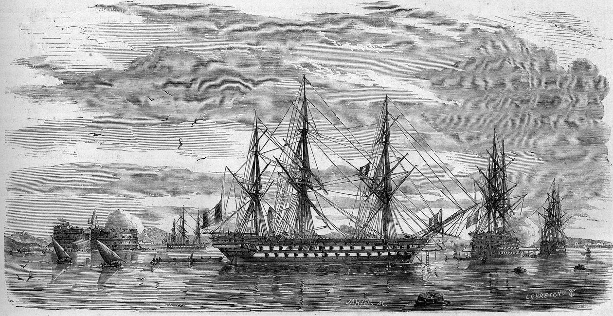 Katolikus ünnepség: Nagypéntek (nagypéntek) Toulonban (Var, 83) 1858-ban. A hajók rúdja keresztben, lobogójuk félkötéllel a gyász jeleként. Metszet a „” Le Monde Illustré”” 53. számában, 1858. április 17-én. alkotó: French School