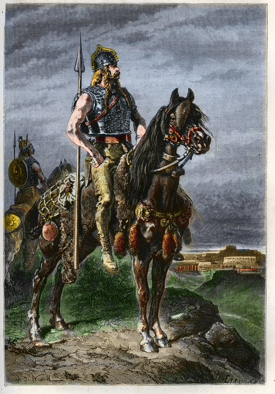 Cavalier Gaulois - Gallok lóháton az ókori Római Birodalomban - metszet a "" Franciaország története az unokáimnak mesélt" című könyvéből" - Francois Guizot - 1872-1876 alkotó: French School