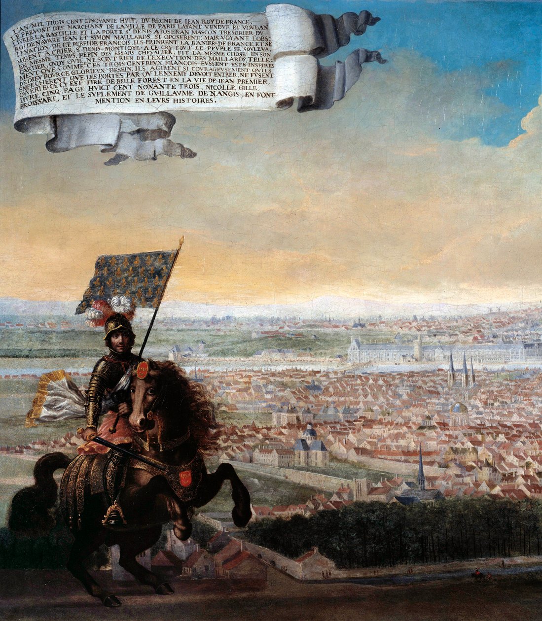 Párizs lovas képe a Faubourg Saint Jacques-ból Pepin des Essarts kancellár megemlékezése Párizs védelméről Etienne Marcel árulása után, 1358-ban. Részlet. A francia iskola festménye. 1640 V. 0,96x1,92 m Párizs, Musee Carnavalet alkotó: French School