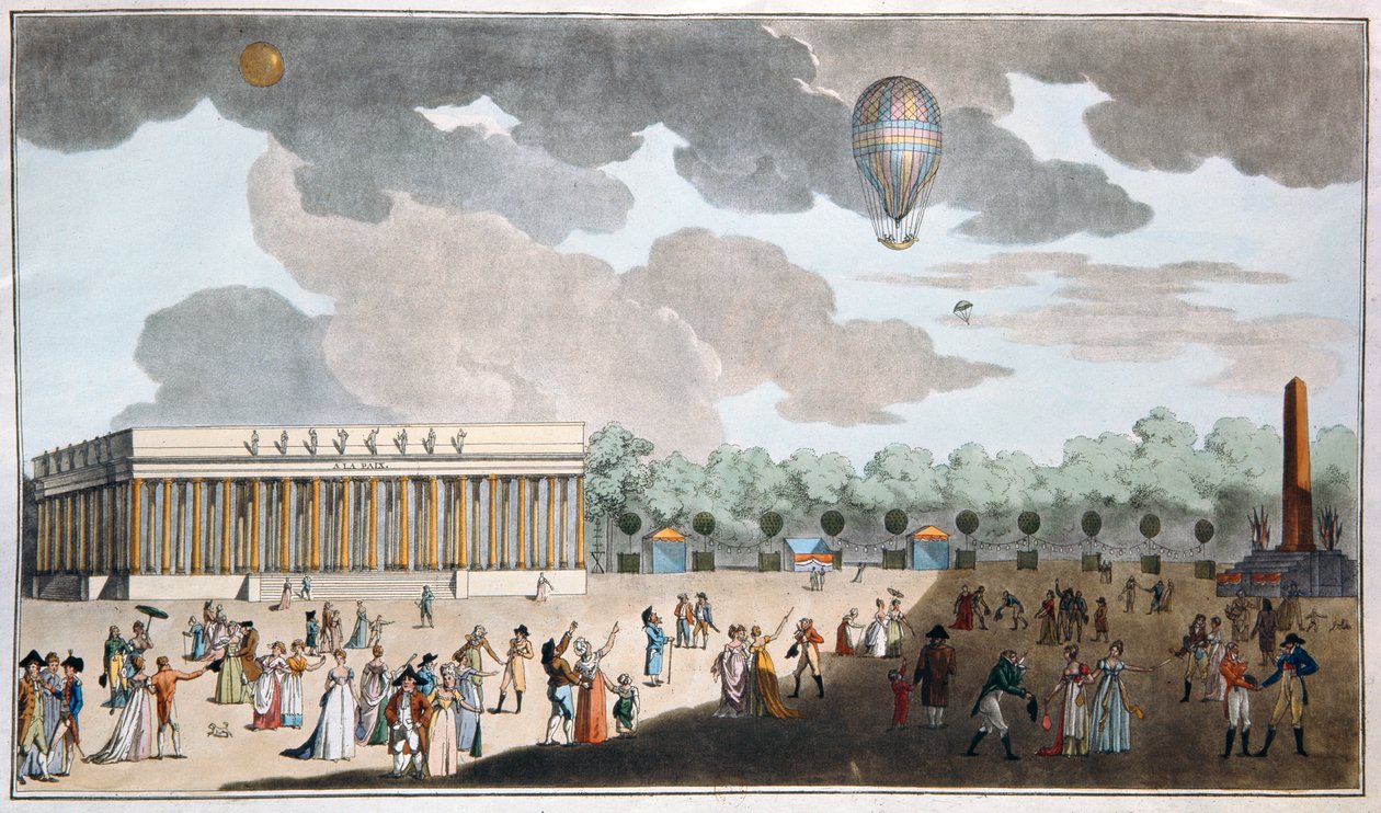 A Bastille-nap megünneplése július 14-én a Champs Elysees-n, Párizsban 1801-ben (kézzel színezett akvatinta) alkotó: French School