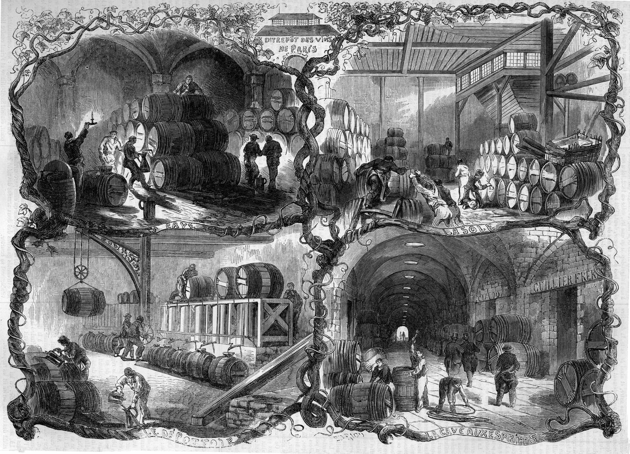 A borok és szeszes italok raktárának pincéi (eaux-de-vie) Párizsban; 1858. Metszet a „” Le Monde Illustré”” 1858. február 27-i 46. számában. alkotó: French School