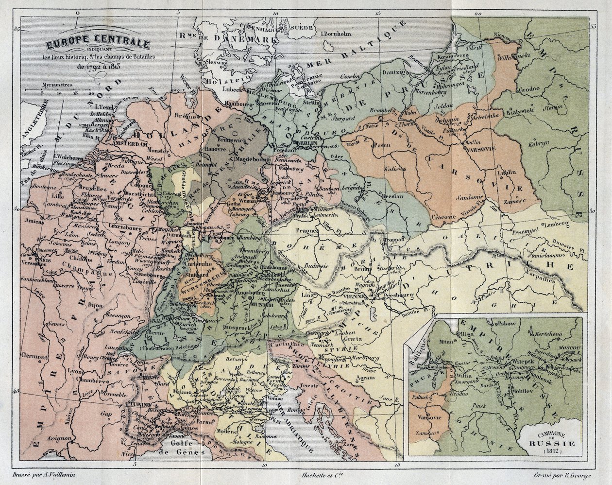 Közép-Európa az 1792-1813-as történelmi helyszínekkel és csataterekkel - Közép-Európa történelmi helyszínekkel és csataterekkel 1792-től 1813-ig - Victor Duruy (1811-1894) „Histoire de France” metszete - 1882 alkotó: French School