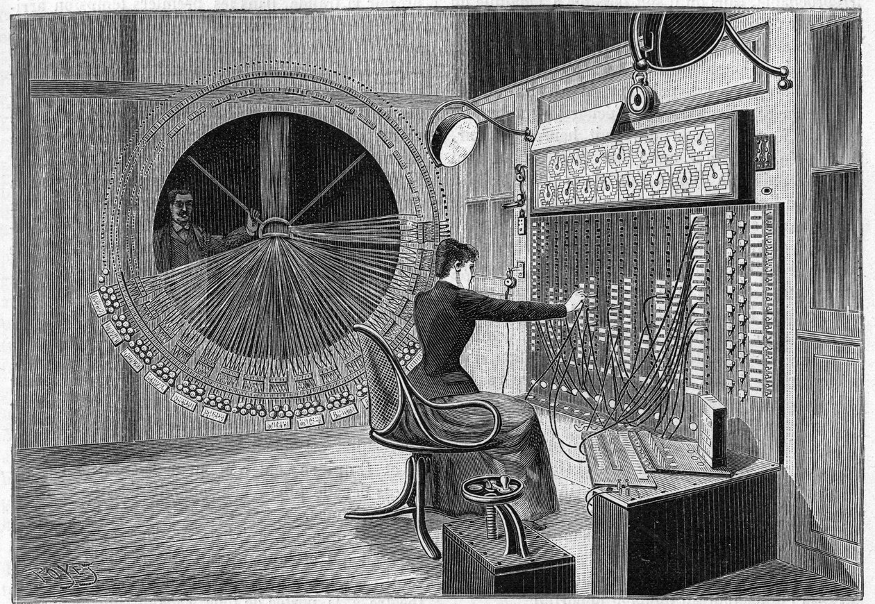 A Theatrophone Központi Irodája (házimozi meghallgatások) Párizsban 1892-ben. alkotó: French School