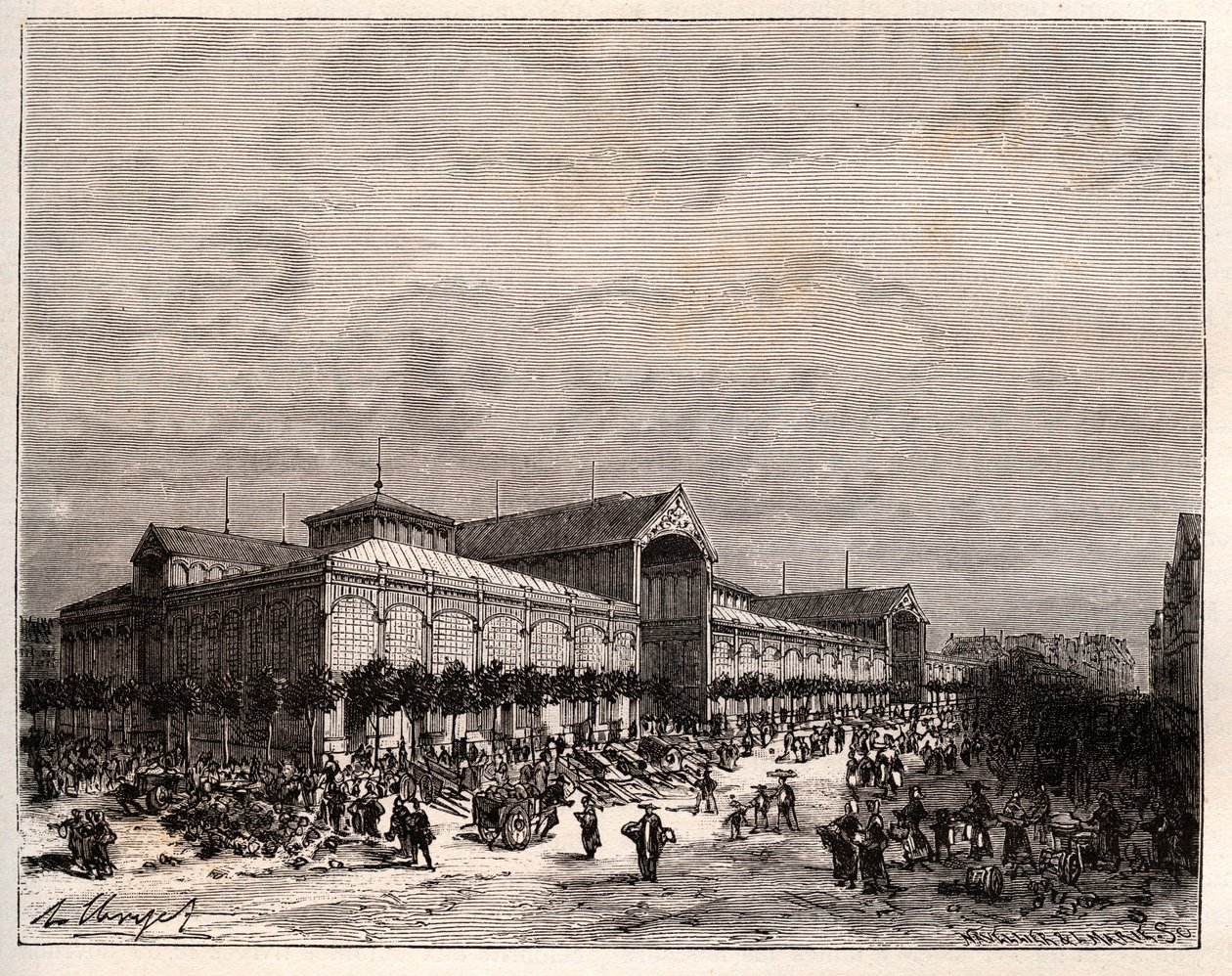 Központi csarnokok Párizsban a 19. században – V.A. „La France illustree: geographie, histoire, Administrationstatistika” metszet. Maláta-barna. 1884 alkotó: French School