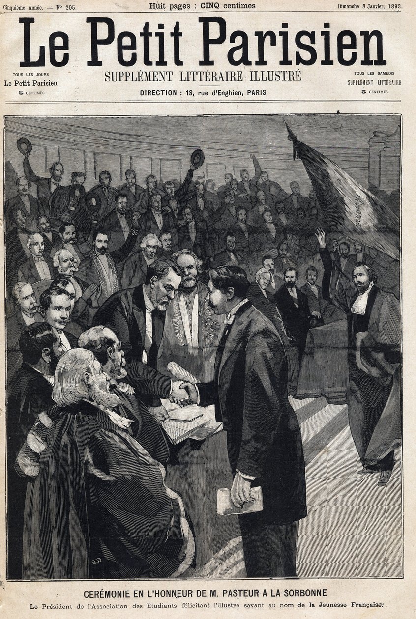 Ünnepség Louis Pasteur (1822-1895) tudós tiszteletére a Sorbonne-ban születésnapjának megünneplésére. Az egyik „Le Petit Parisien” újság 1893.08.01. (metszet) alkotó: French School