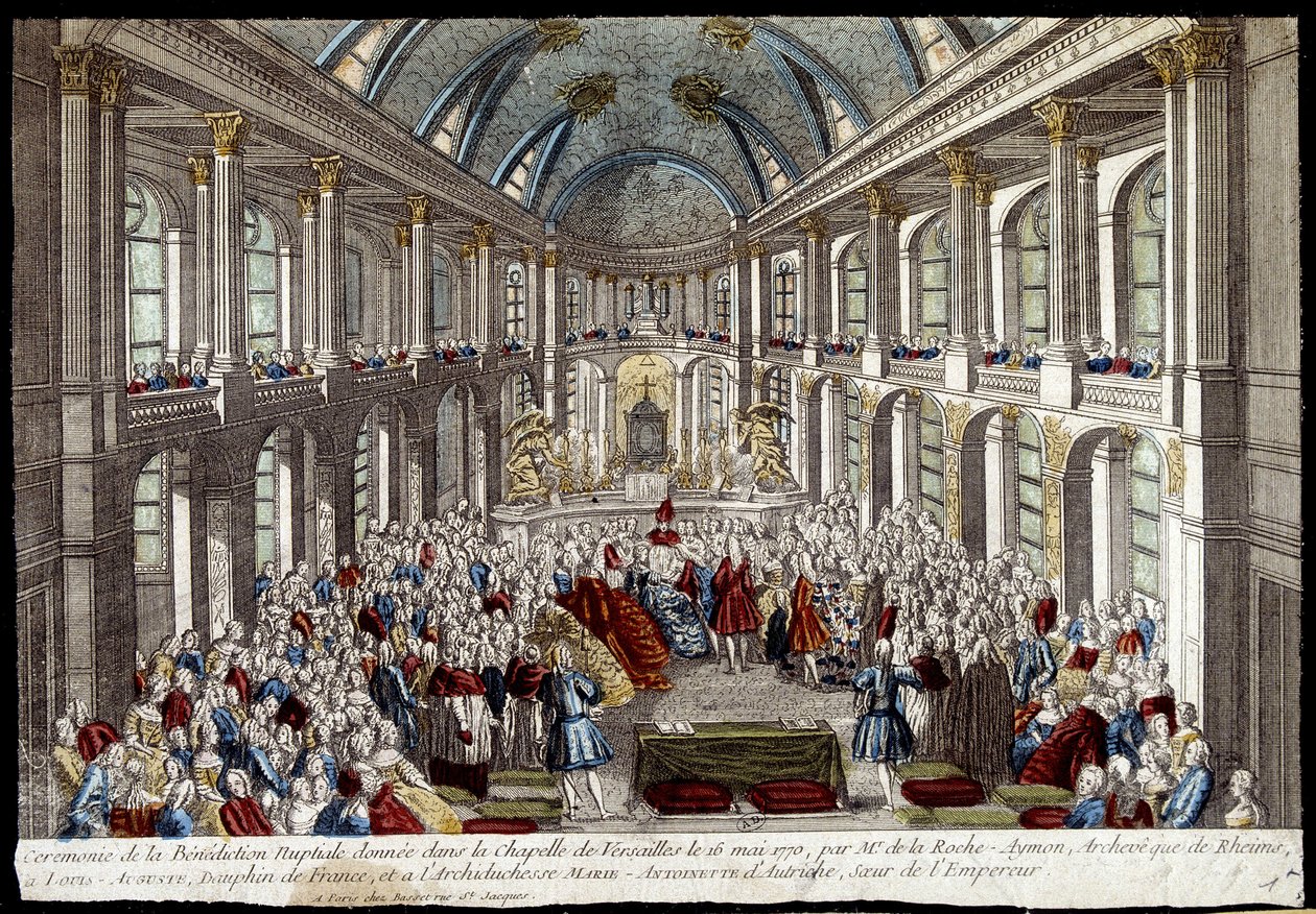 A versailles-i kápolnában 1770. május 16-án Louis Auguste francia delfin (XVI. Lajos) és az osztrák Marie Antoinette által adott menyasszonyi áldás szertartása - metszet alkotó: French School
