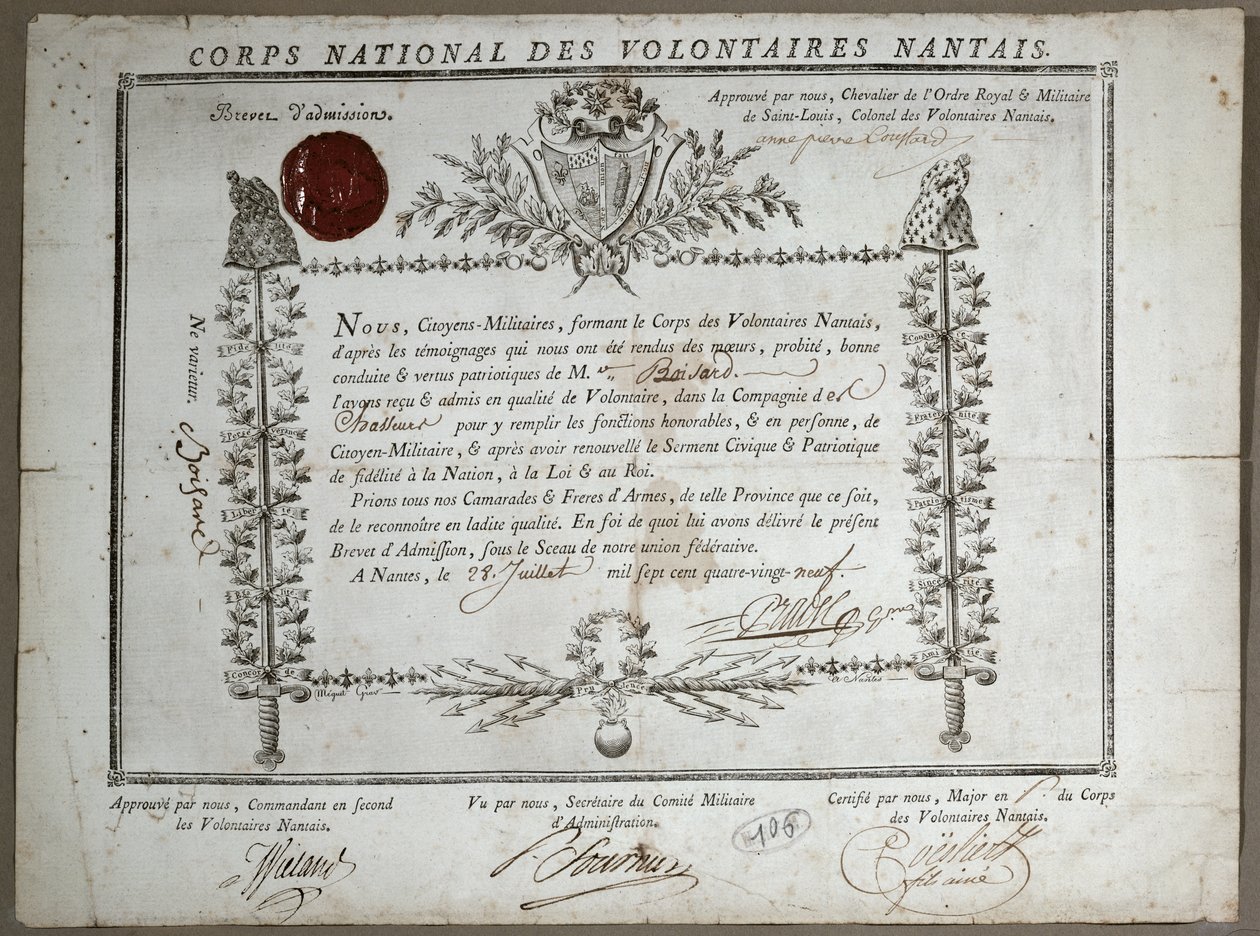 A Nantes-i Önkéntesek Nemzeti Gárdájába való felvételről szóló bizonyítvány, 1789 alkotó: French School
