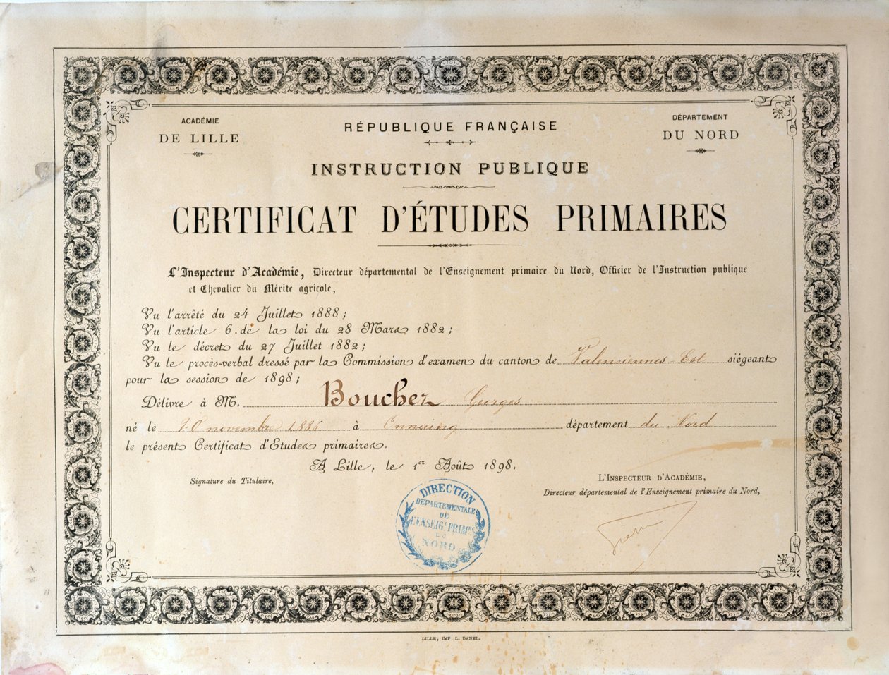 Alapfokú oktatási bizonyítvány, Academie de Lille, 1898 (tintával papíron) alkotó: French School