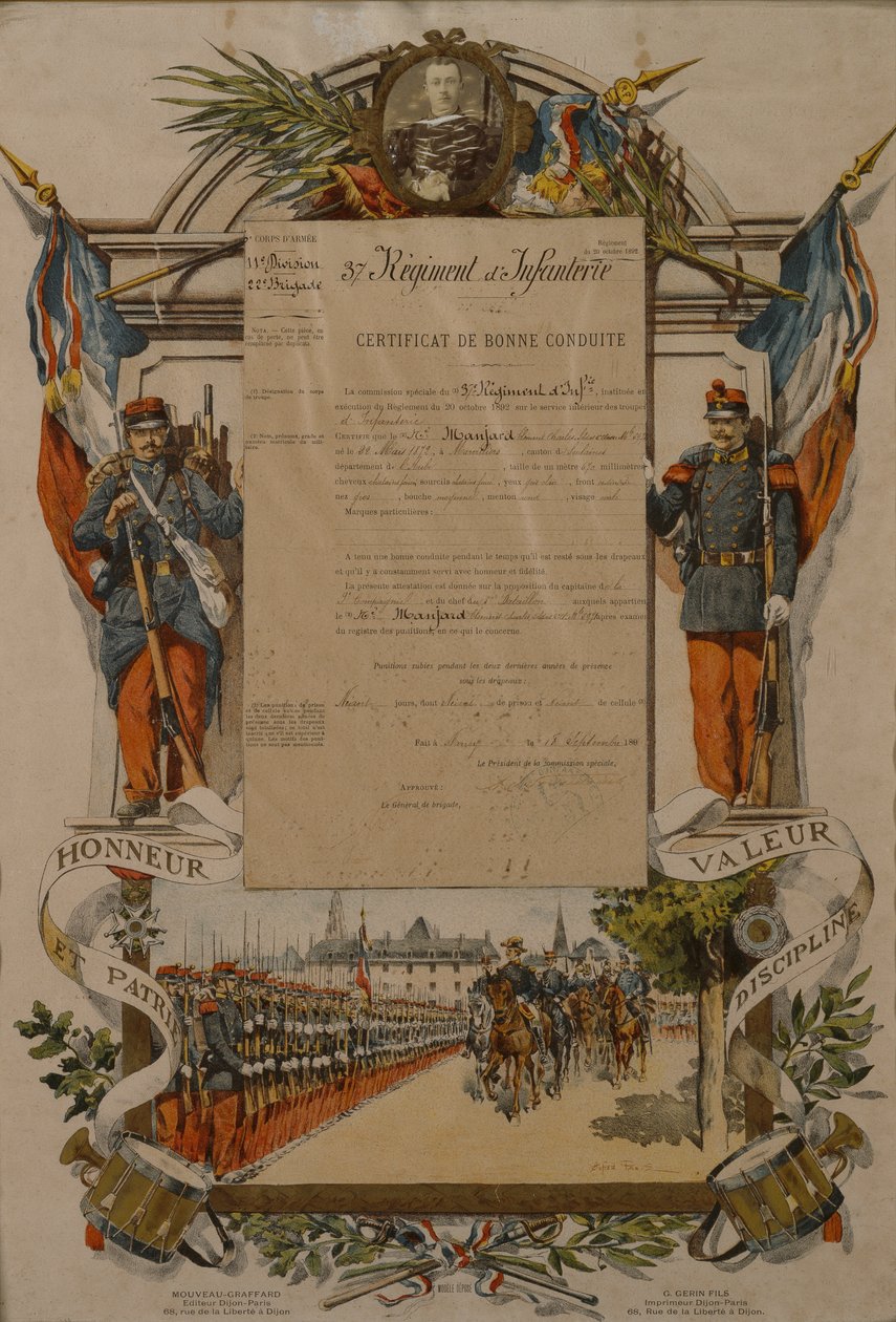 Jó magaviseletről szóló bizonyítvány, 37. gyalogezred, 1896 alkotó: French School