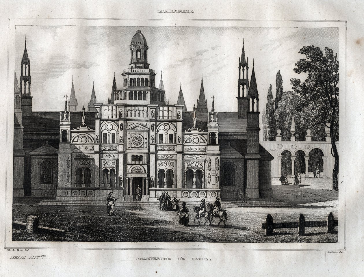 Certosa di Pavia - Pavia Chartreuse - Metszet a „festői Olaszországból”, M. de Norvins, Ch. Nodier 1834-1836. alkotó: French School