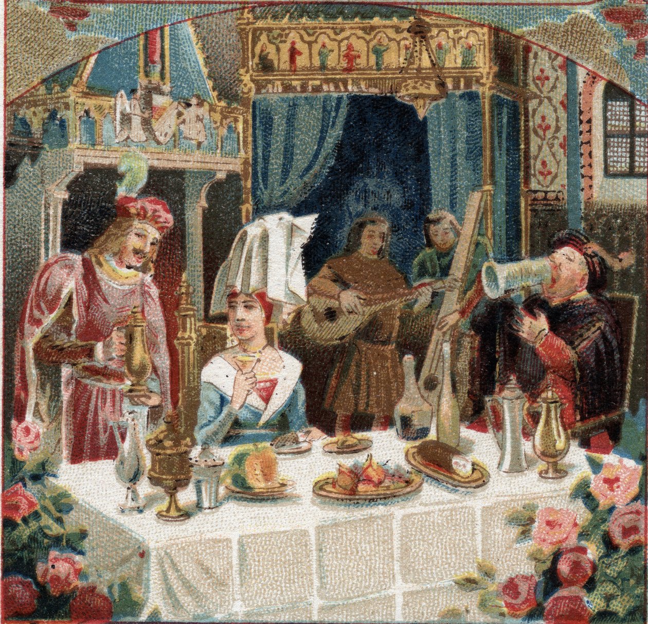 Jehan de Saintre kamarás italt szolgál fel a Lady of Belles Cousines-ban (Belles-Cousines) egy banketten a Chateau d
