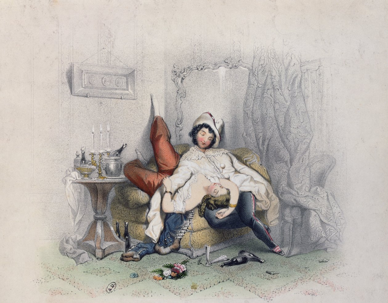 Champagne & Love, egy szerelmes pár, aki elaludt a hatodik üveg pezsgő után, metszett Bettannier Freres, Párizs, 1852 alkotó: French School